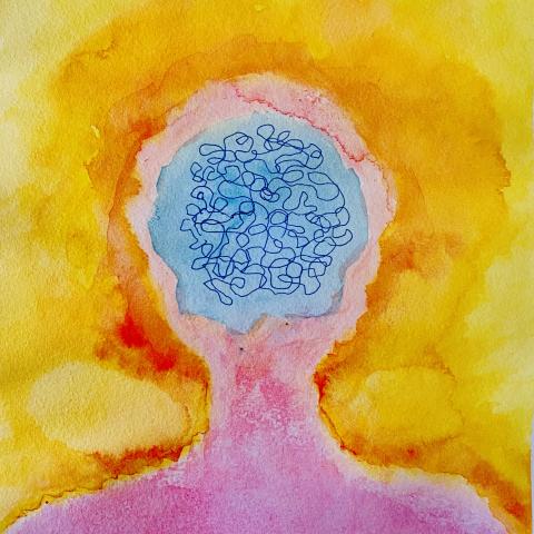 A photograph of a watercolor painting depicting a pink figure with a blue squiggly brain pattern and a red heart on the chest