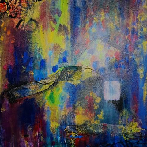 A photograph of an acrylic and mixed media painting