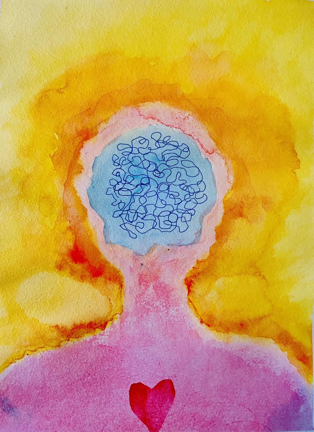 A photograph of a watercolor painting depicting a pink figure with a blue squiggly brain pattern and a red heart on the chest