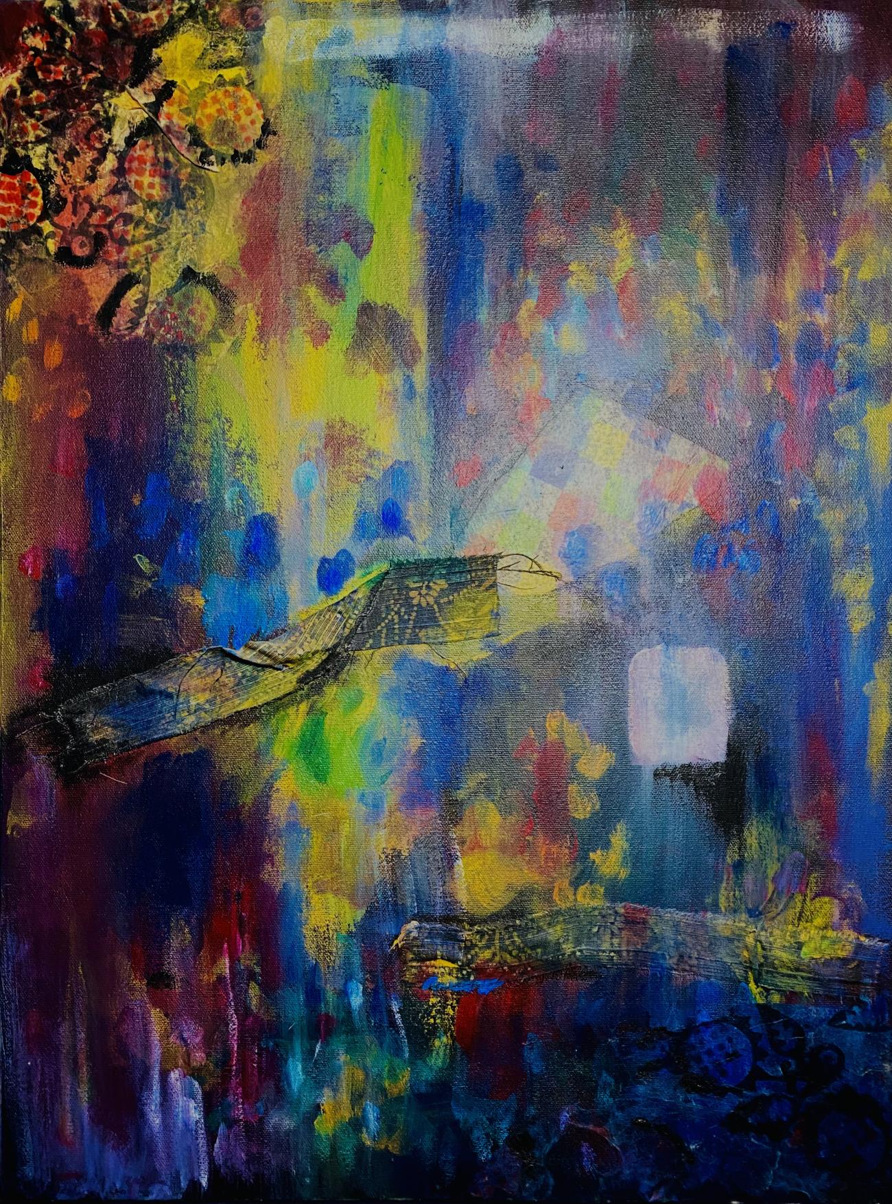 A photograph of an acrylic and mixed media painting
